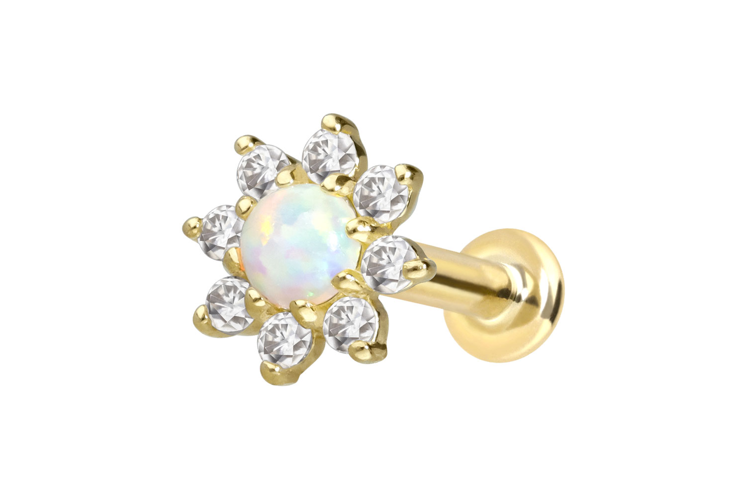 14 Karat Gold Labret Piercing mit Innengewinde MOISSANIT-BLUME + SYNTHETISCHER OPAL